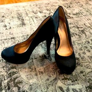 BCBG platform satin and glitter pumps